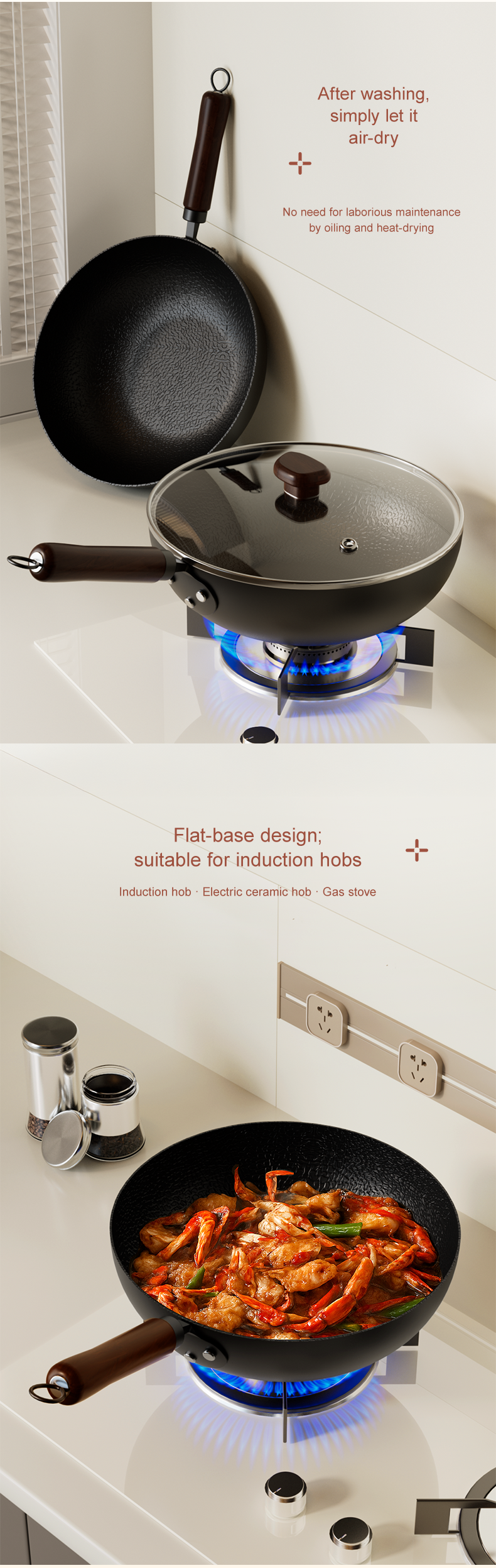 VELOSAN 32 cm Iron Wok with Glass Lid