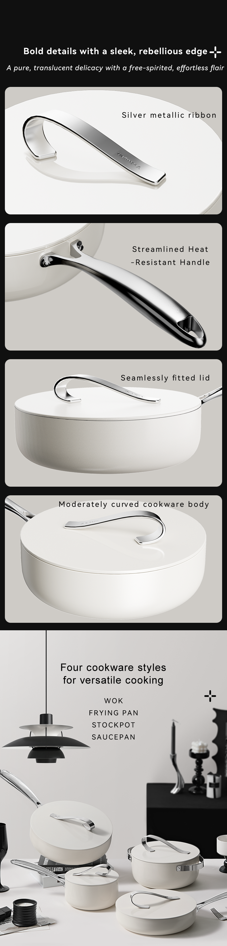 VELOSAN Free Ribbon 30 cm Cast-Aluminum Wok with Lid, White