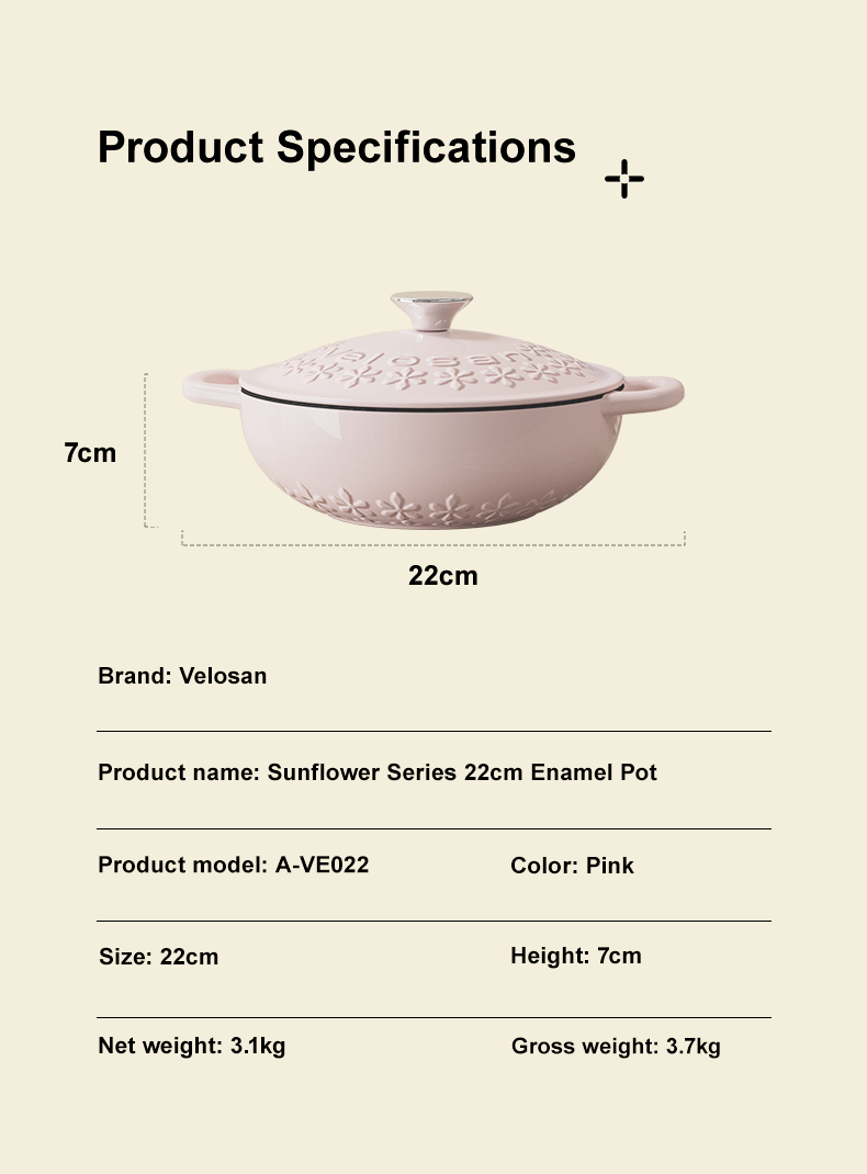 VELOSAN 22 cm Enamelled Cast-Iron Casserole, Pink
