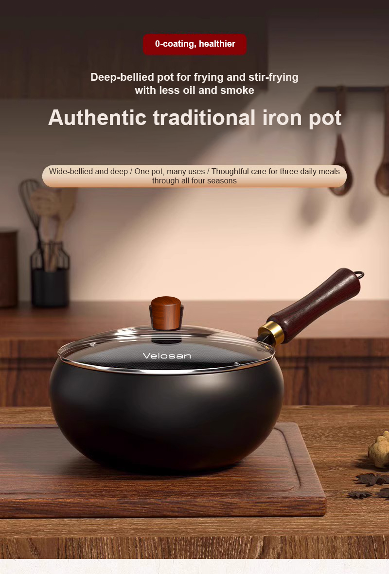 VELOSAN 24 cm Iron Wok with Glass Lid