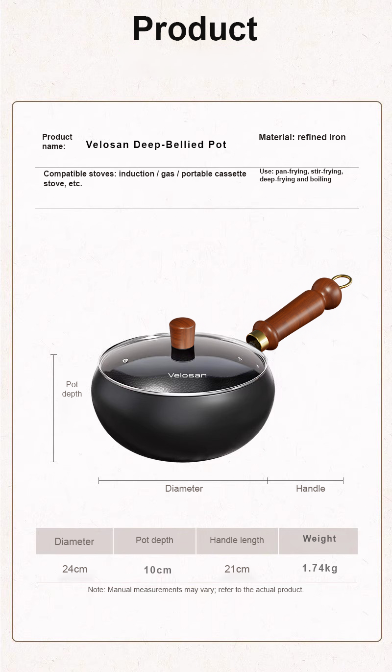 VELOSAN 24 cm Iron Wok with Glass Lid